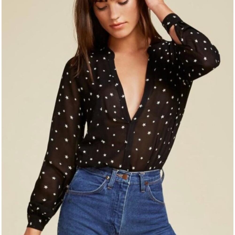 Reformation Star Print Sheer Blouse Black Button Down Top Size S